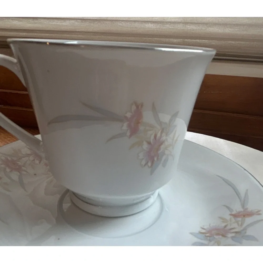 Porcelain Floral Painted Cup & Saucer Set White Pink Gray Two-Piece VTG